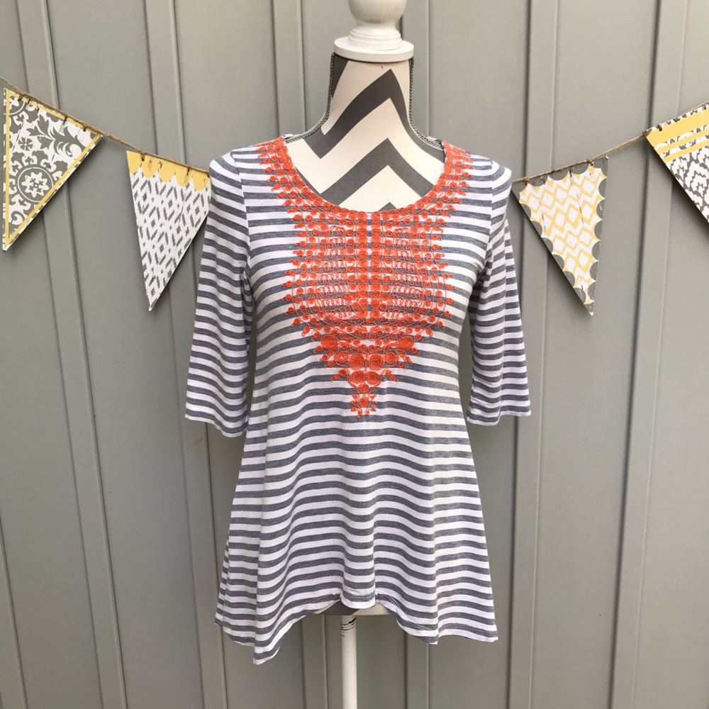 THML Striped Emboidered 3/4 Length Sleeve Top